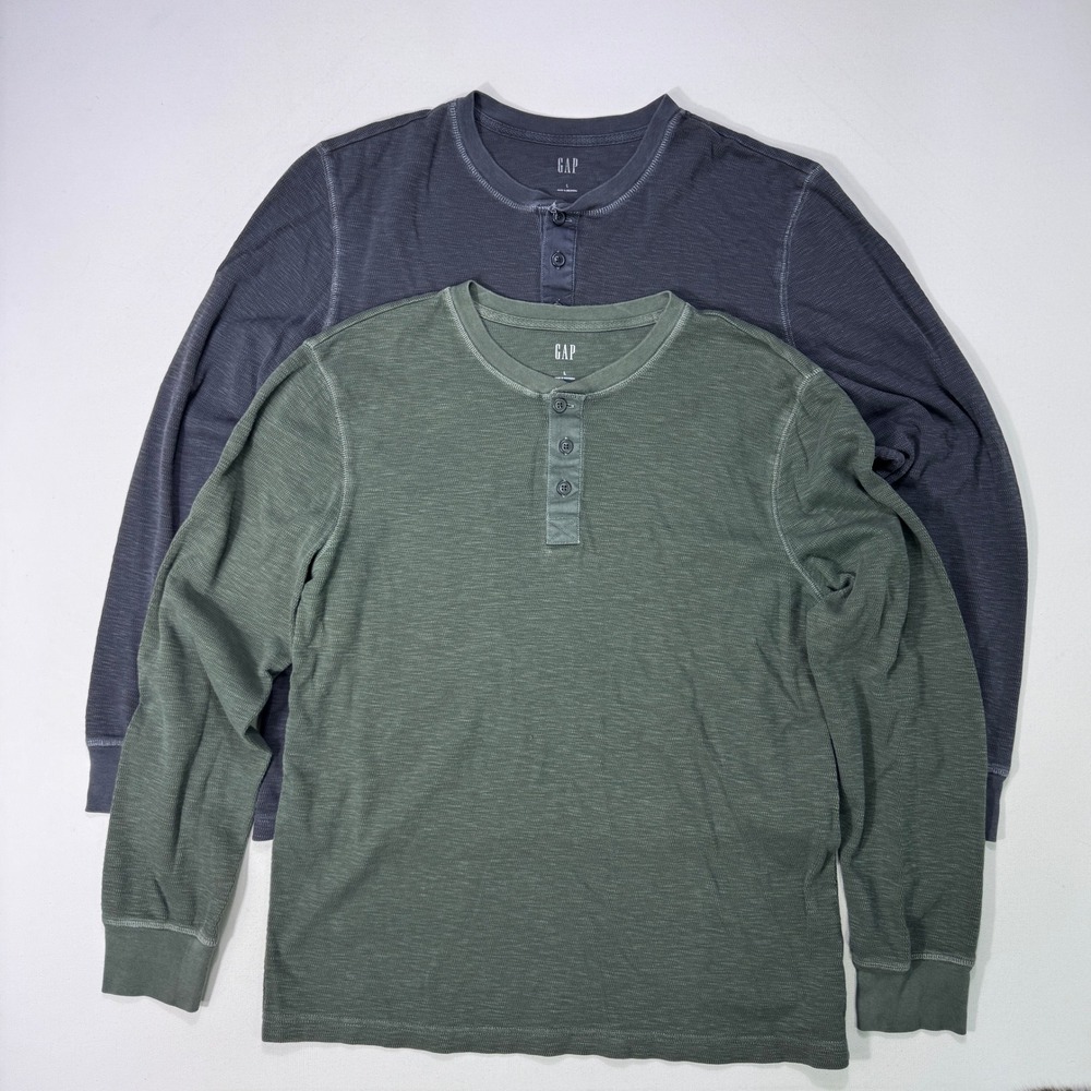 Lot 2 GAP Mens Large Waffle Knit Henley Shirts Long Sleeve Green Black Cotton